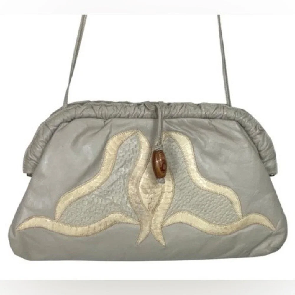 Vintage Grey Real Leather Clutch‎ Bag Boho Eighties Hippie Sexy Party Club
